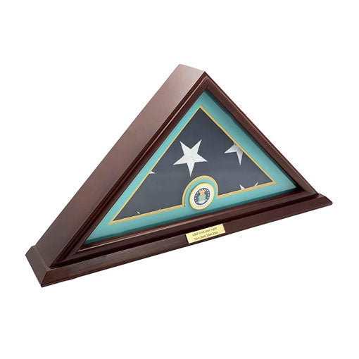 Flags Connections - 5x9 American Veteran Burial Flag Display Case, Solid Wood, Cherry Finish, Small Base, Wall Mounted, Customized Name Plate, Air Force., 5x9 American Veteran Burial Flag Display Case, Solid Wood., The Military Gift Store, Triangle flag display