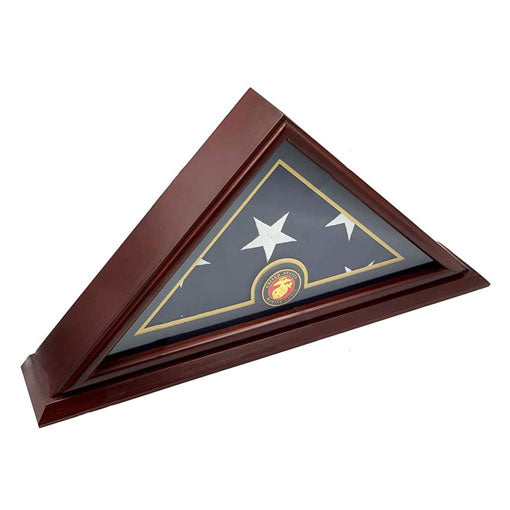 Flags Connections - 5'x9' Flag Display Case for American Veteran Burial Flag - Solid Wood, Cherry Finish - Marine Corps., 5'x9' Flag Display Case for American Veteran Burial Flag - Solid Wood., The Military Gift Store, Ceremonial Flag Display Triangle