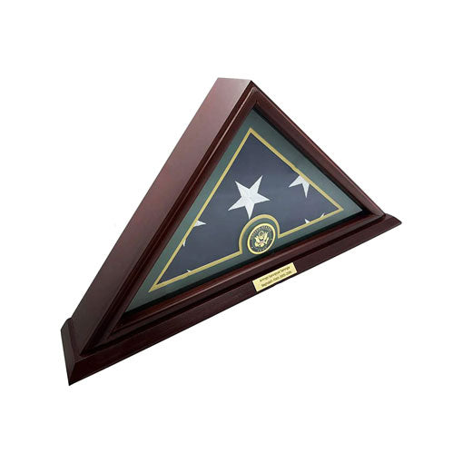 Flags Connections - 5x9 American Veteran Burial Flag Display Case, Solid Wood, Cherry Finish, Small Base, Wall Mounted, Customized Name Plate, Army., 5x9 American Veteran Burial Flag Display Case, Solid Wood., The Military Gift Store, Triangle flag display