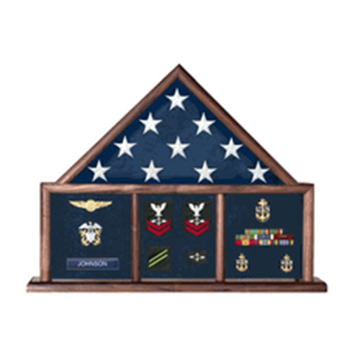 Flag and Memorabilia, Flag Shadow Box, Combination Flag Medal - Oak or Walnut Material., Flag and Memorabilia, Flag Shadow Box, Combination Flag Medal., The Military Gift Store, 3 Bay Flag Frames