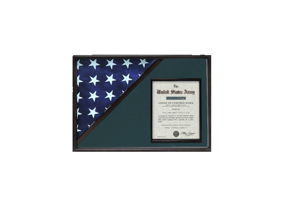 Shadow box for 5' x 9.5' flag with 8.5 x 11 Document holder, Black Finish, Shadow box for 5' x 9.5' flag with 8.5 x 11 Document holder, The Military Gift Store, Flag and Document Display Case
