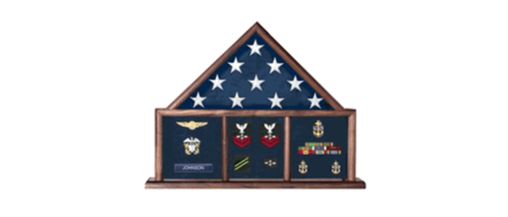 Memorial Flag Case, Three Bay shadow box perfect size case for a your mantle, holds 3'x5' flag a ample amount of memorabilia., Memorial Flag Case, Three Bay shadow box perfect size case, The Military Gift Store, Three way Flag Frames (43)