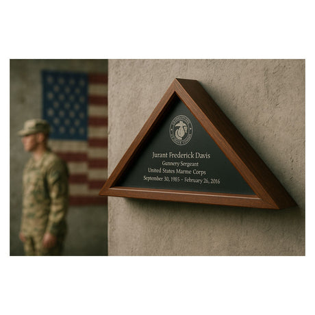 engraved flag display case, personalized flag case, engraved military flag box, custom flag display, veteran memorial flag case, engraved burial flag case, flag case with nameplate, engraved shadow box