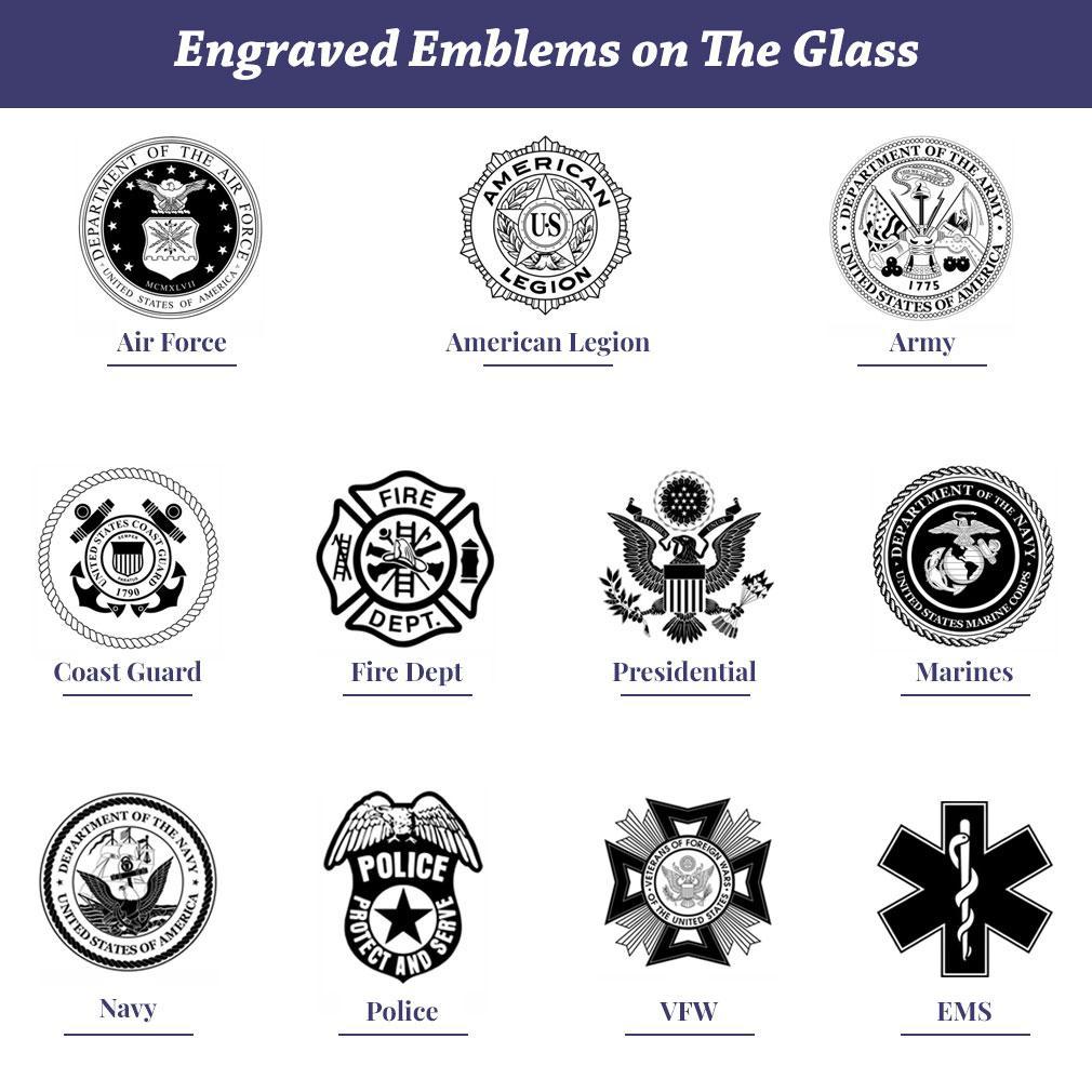 Engraved emblems on the glass