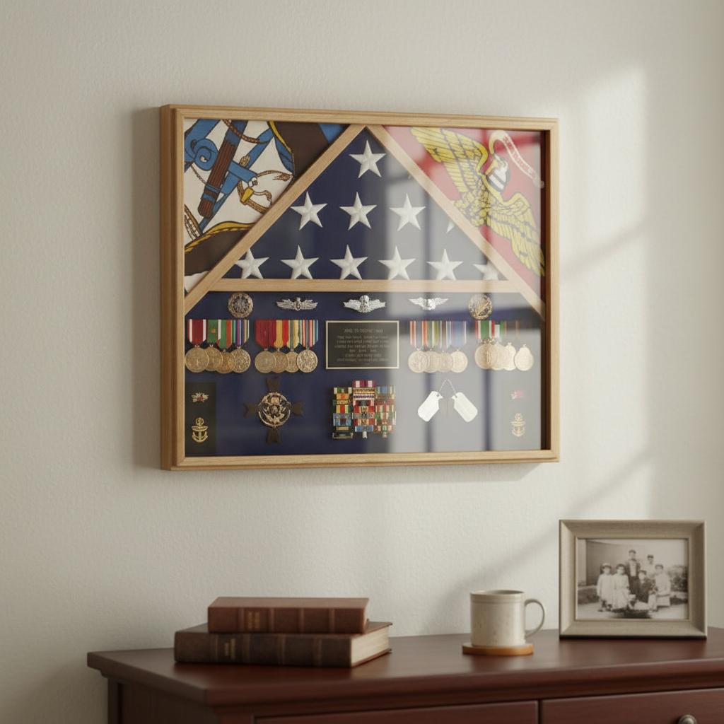 3 flags military shadow box, three flag display case military, military shadow box for 3 flags, 3 flag display case for veterans, triple flag military display case, 3 flag memorial shadow box, solid wood 3 flag shadow box, glass front 3 flag military display case, oak finish triple flag display case, 3 flag shadow box with medal display, large military shadow box for three flags