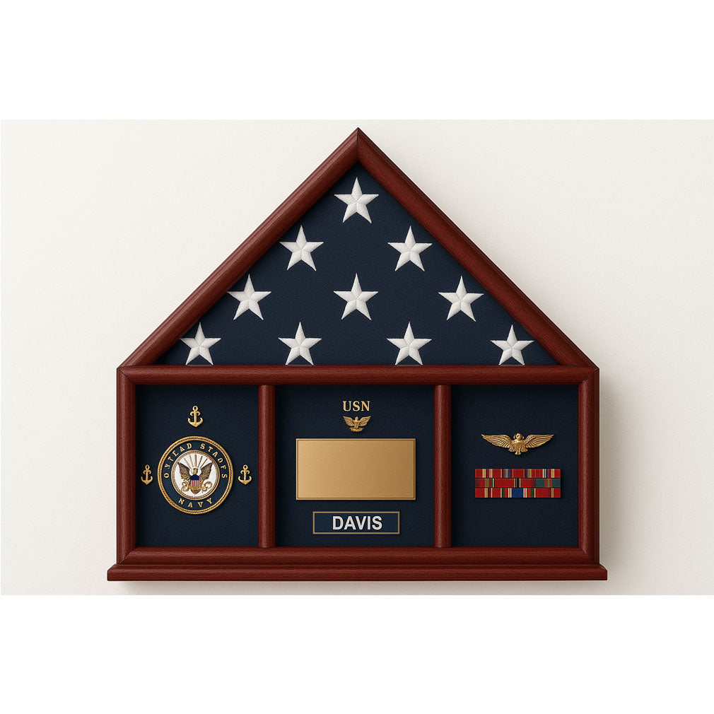 Oak 3 x 5 flag memorial case, Walnut Case, , The Military Gift Store, Three way Flag Frames