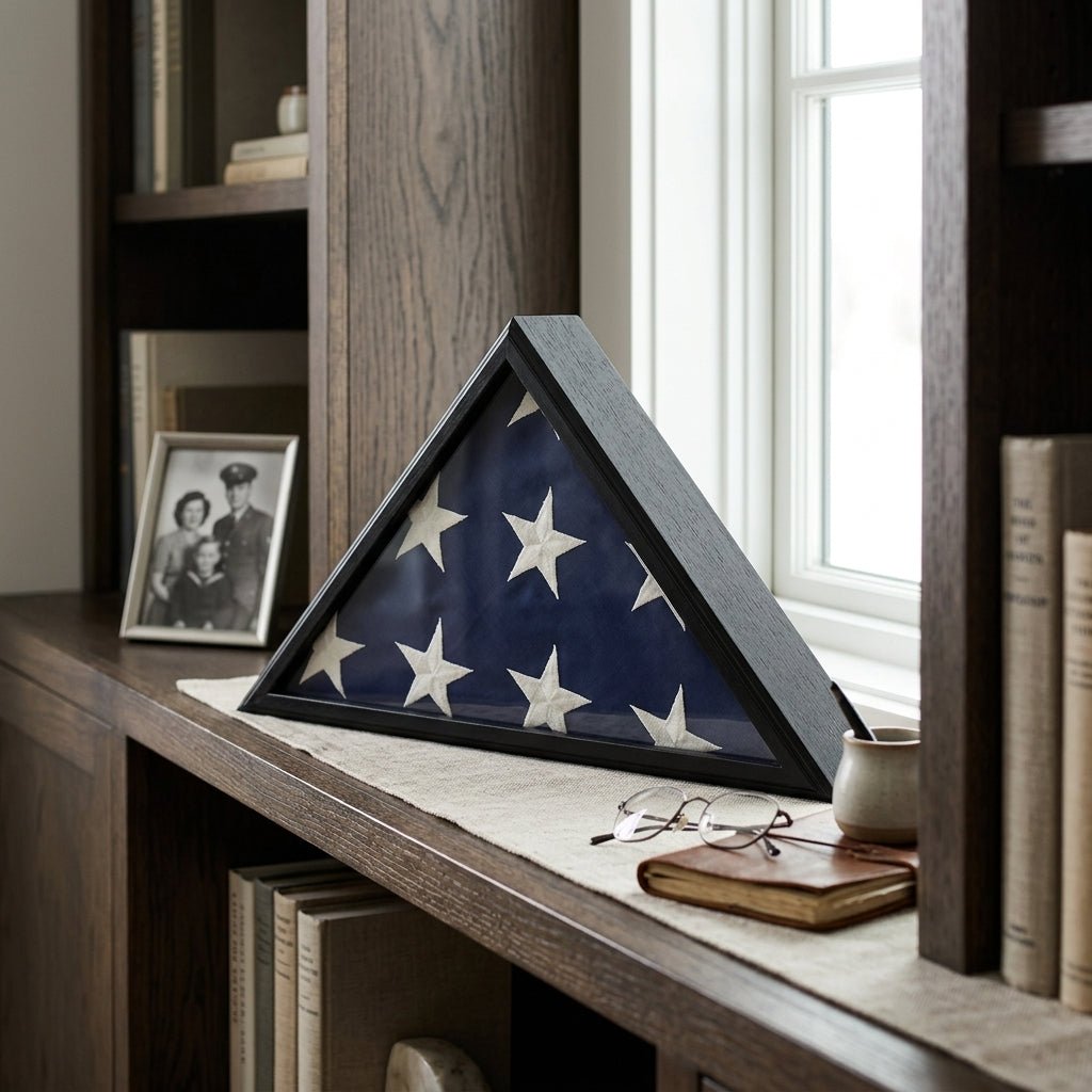 US made flag case 3x5, American made flag display case, flag case for 3x5 American flag, USA flag display case wood, 3x5 flag case made in USA, solid wood USA made flag case, glass front American made flag case, wall mount flag case 3x5 USA made, tabletop flag display case made in USA, handcrafted wooden flag case USA, triangular flag display case 3x5