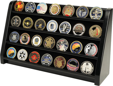 40 coin challenge coin holder in black finish, 4 row challenge coin display case, 40 coin challenge coin holder, challenge coin display rack stand, military challenge coin display case, challenge coin holder 40 coins, wooden challenge coin display case 4 rows, wall mount challenge coin display rack, tabletop challenge coin holder stand, challenge coin casino chip display case, 40 slot challenge coin display stand