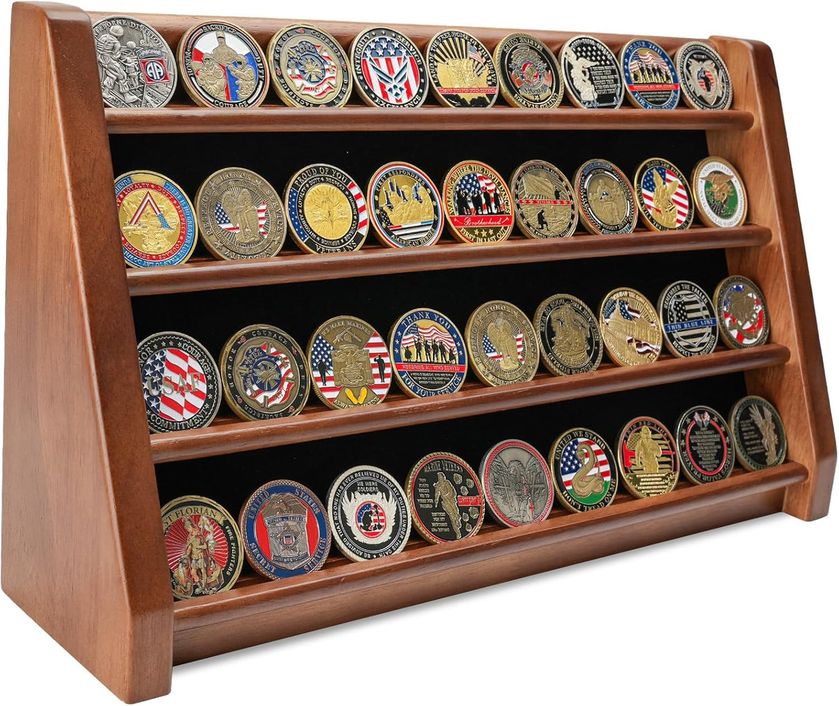 40 coin challenge coin holder in walnut finish, 4 row challenge coin display case, 40 coin challenge coin holder, challenge coin display rack stand, military challenge coin display case, challenge coin holder 40 coins, wooden challenge coin display case 4 rows, wall mount challenge coin display rack, tabletop challenge coin holder stand, challenge coin casino chip display case, 40 slot challenge coin display stand