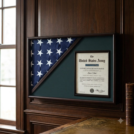 Shadow box for 5' x 9.5' flag with 8.5 x 11 Document holder, Black Finish, Shadow box for 5' x 9.5' flag with 8.5 x 11 Document holder, The Military Gift Store, Flag and Document Display Case
