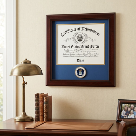 United States Air Force Certificate of Achievement Frame with Medallion - 8 x 10 inch, United States Air Force Certificate of Achievement Frame, The Military Gift Store, Air Force flag display cases, Air force Retirement Shadow Boxes (61)