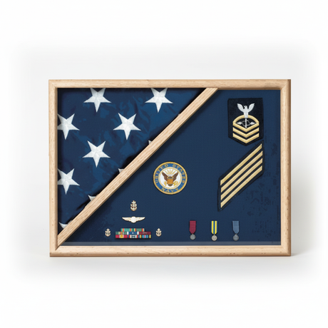 Air Force blue flag display case, Air Force flag display case 3x5, wood flag case for 3' x 5' flag, Air Force memorial flag case, military flag display case Air Force, blue finish wood flag display case, glass front Air Force flag case, triangular flag display case 3x5, Air Force flag case with pedestal base, durable hardwood Air Force display case