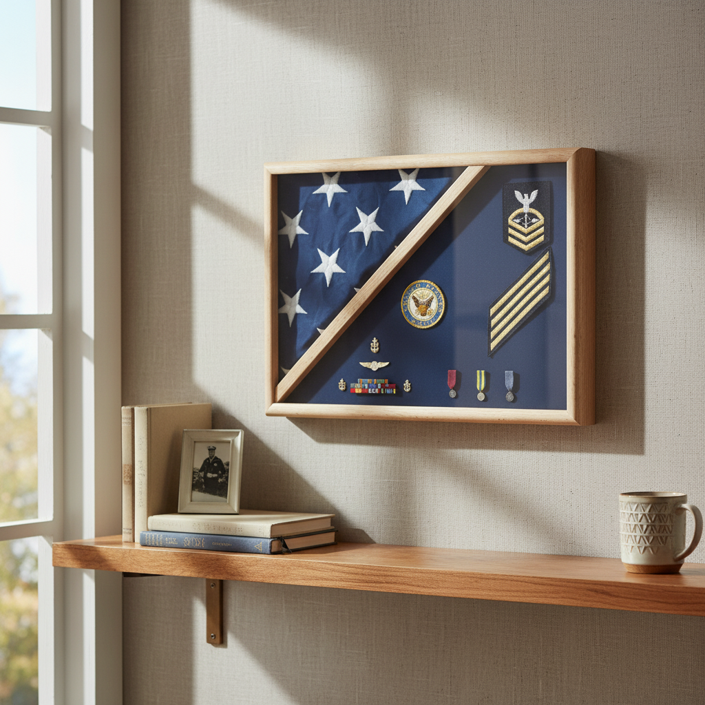 Air Force blue flag display case, Air Force flag display case 3x5, wood flag case for 3' x 5' flag, Air Force memorial flag case, military flag display case Air Force, blue finish wood flag display case, glass front Air Force flag case, triangular flag display case 3x5, Air Force flag case with pedestal base, durable hardwood Air Force display case