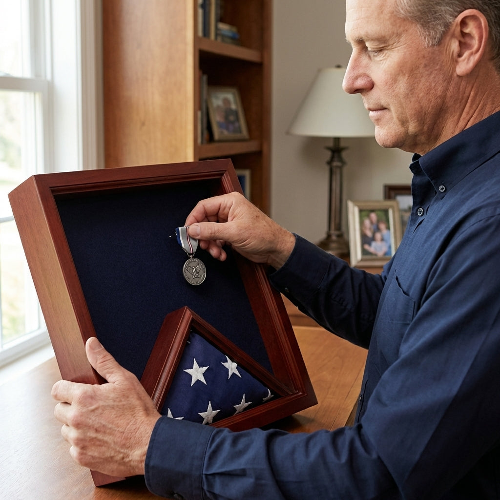 Air Force flag and medal display case, Air Force shadow box 3x5 flag, military flag and medal display case, Air Force flag shadow box with medals, 3x5 flag display case with medal section, glass front Air Force flag and medal case, solid wood military shadow box for flag and medals, Air Force display case with medal compartments, wall mounted flag and medal shadow box, large Air Force flag case with memorabilia storage