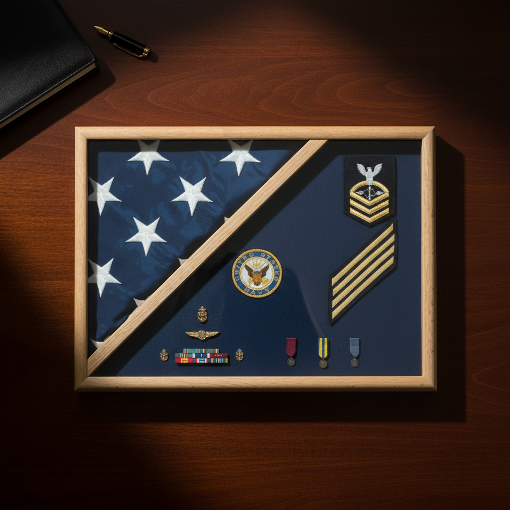 Air Force blue flag display case, Air Force flag display case 3x5, wood flag case for 3' x 5' flag, Air Force memorial flag case, military flag display case Air Force, blue finish wood flag display case, glass front Air Force flag case, triangular flag display case 3x5, Air Force flag case with pedestal base, durable hardwood Air Force display case