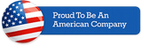 Button with American flag design and text 'Proud To Be An American Company' on a blue background - American Made - Made in USA 