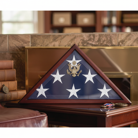 American burial flag box, coffin flag display case, large burial flag display case, American flag coffin case, funeral flag display case, solid wood burial flag display case, glass front coffin flag case, large triangular American flag display box, hardwood burial flag case with secure backing, durable memorial flag display frame, premium large burial flag display case, affordable American funeral flag case, custom engraved coffin flag display box