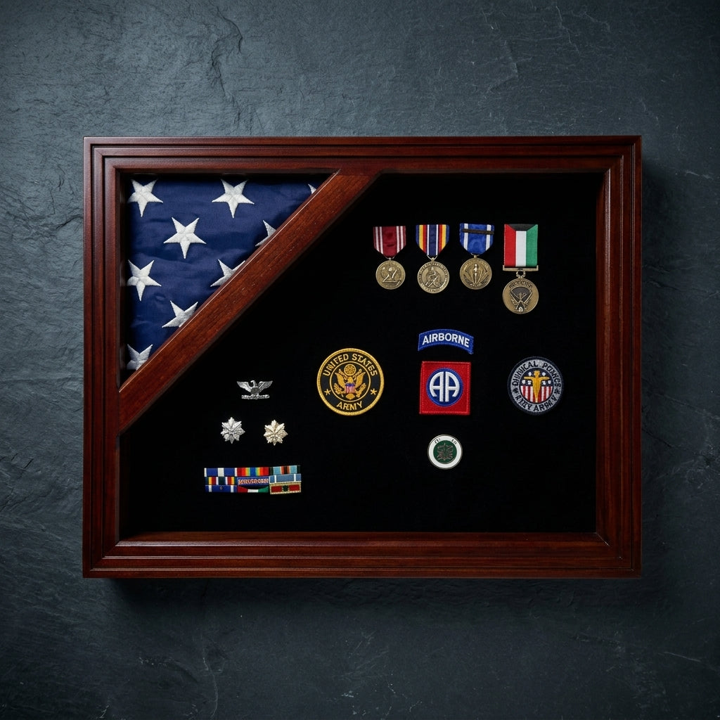 American flag display case, flag and medal display case, American flag and medal display case, military flag display case, veteran flag display case, flag shadow box, military shadow box, medal display case, folded flag display case, flag case with medal display, 3x5 flag display case, 3 x 5 flag display case, 3x5 American flag case, 3x5 flag shadow box, display case for 3x5 flag, folded 3x5 flag display case