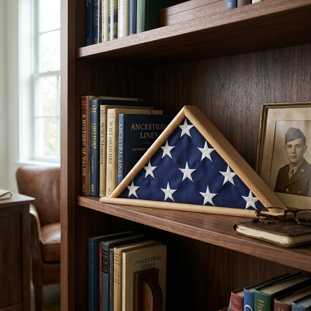 coffin flag case, burial flag display case, American flag coffin case, military coffin flag case, flag case for burial flag, veteran flag display case, solid wood coffin flag case, glass front burial flag display case, wall mount coffin flag case, tabletop flag display case for burial flag, handcrafted wooden flag case, hinged lid coffin flag case