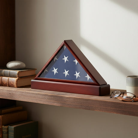 funeral flag display case with pedestal stand, flag display case with pedestal base, burial flag display case frame with stand, American flag display case with pedestal, military flag case with pedestal stand, memorial flag display case with base, solid wood flag display case with pedestal stand, flag case with glass front and pedestal base