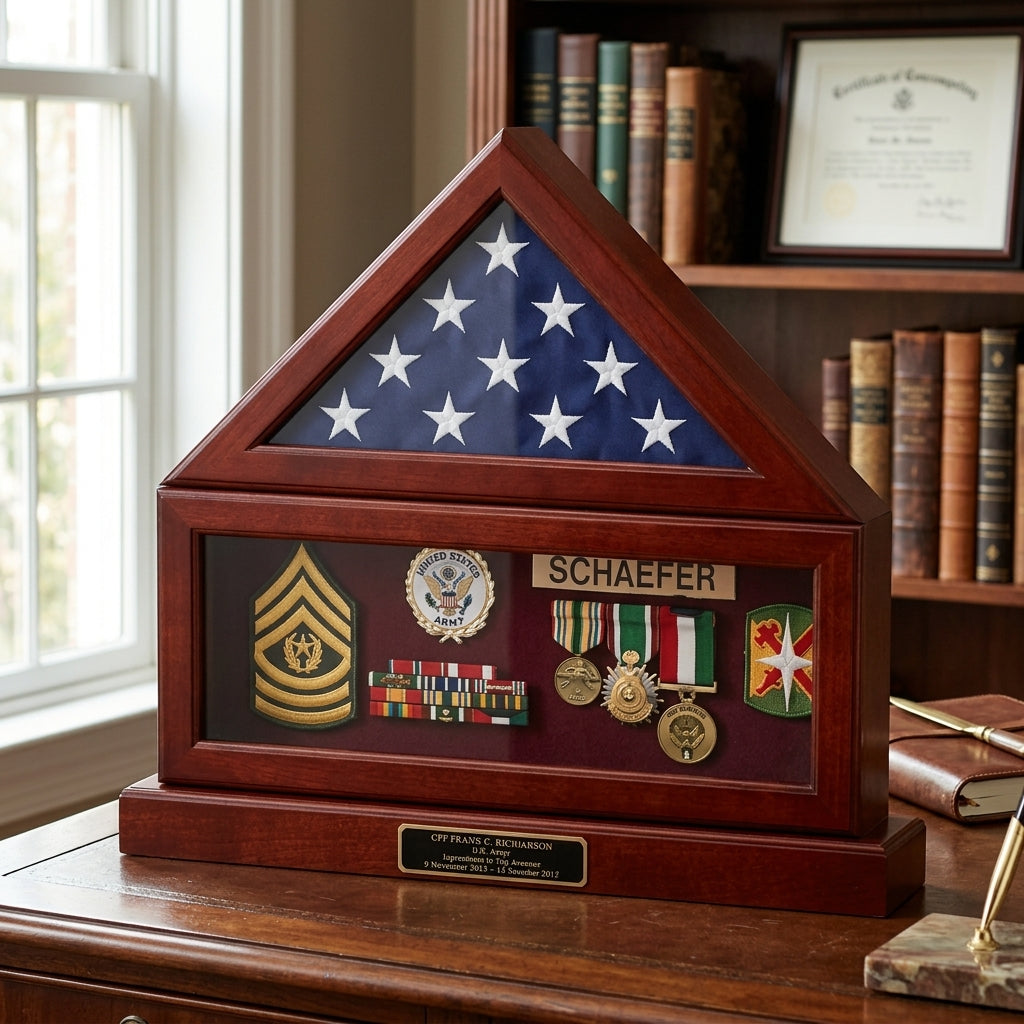 Flag and pedestal display case 3x5, 3'x5' flag display case with pedestal, American flag display case with stand, Wooden flag display case with pedestal, Military flag case with pedestal base, glass front flag display case with pedestal, oak cherry wood flag display case with stand, engraved flag display case with pedestal, flag case with pedestal and nameplate, flag shadow box with pedestal stand