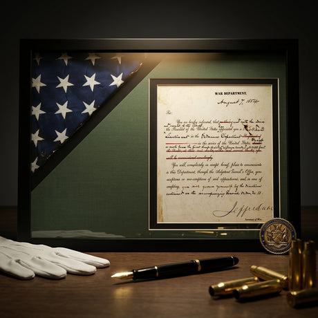 Shadow box for 3' x 5' flag with 8.5 x 11 Document holder, Black Finish, shadow box for 3' x 5' flag with 8.5 x 11 Document holder, The Military Gift Store, Flag and Document Display Case
