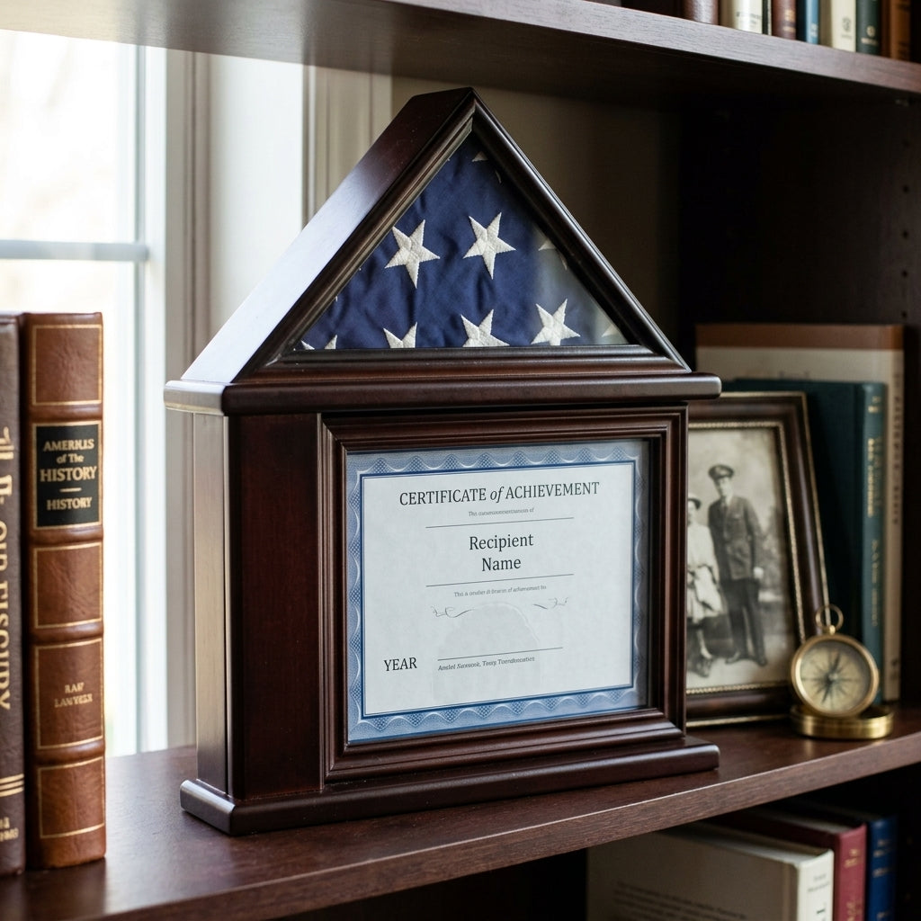 Presentation Flag Display Case 3' x 5', American Flag Display Case with Certificate Holder, Flag and Document Display Frame 3x5, Military Flag Display Case with Certificate, Burial Flag Display Case with Document Holder, 3x5 Flag and Certificate Frame, Folded Flag Display Case with Document, Veteran Flag Display Case Frame, walnut finish flag and certificate display case, glass front flag display frame with document holder, laser engraved flag display case with certificate, solid wood 3x5 flag and document 
