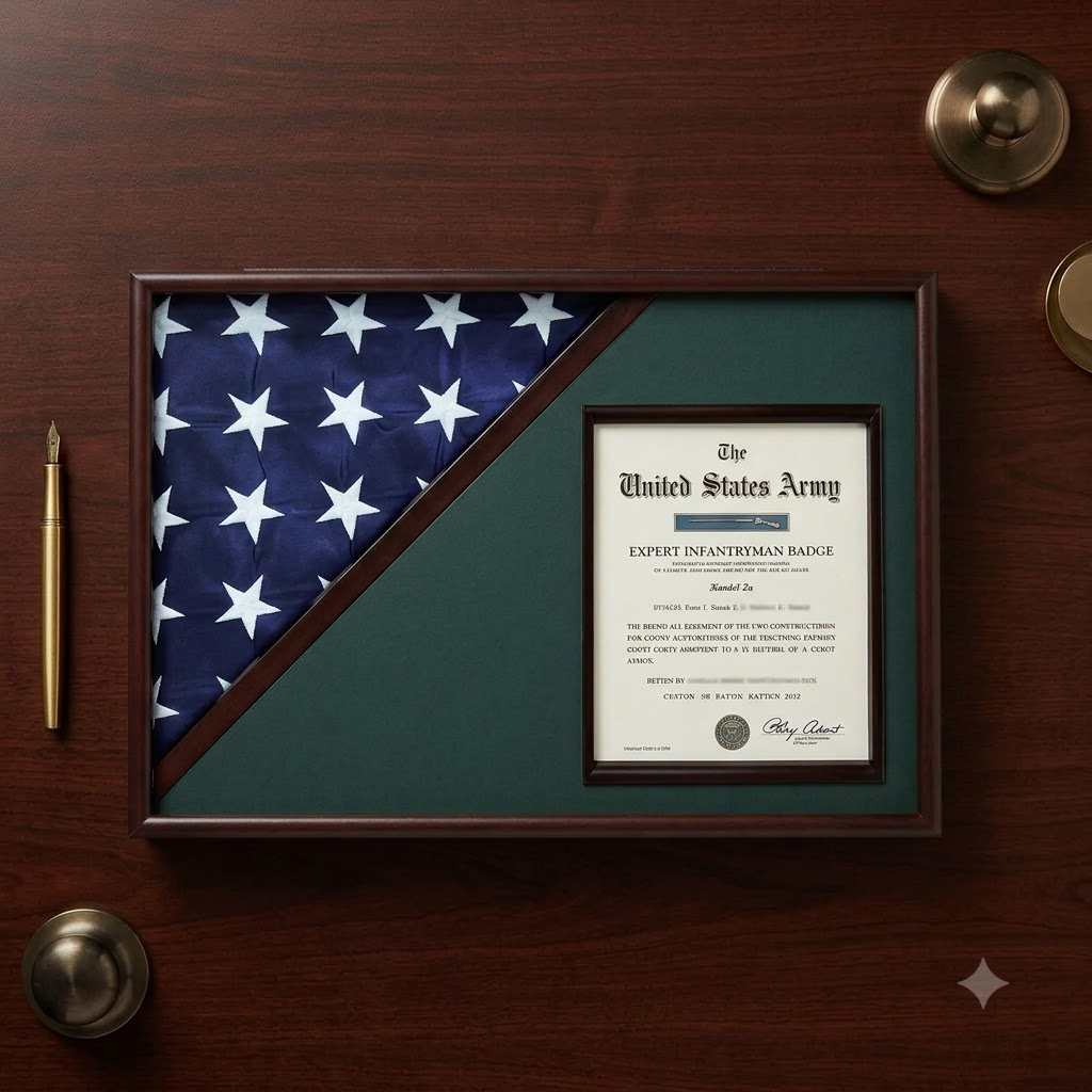Shadow box for 5' x 9.5' flag with 8.5 x 11 Document holder, Black Finish, Shadow box for 5' x 9.5' flag with 8.5 x 11 Document holder, The Military Gift Store, Flag and Document Display Case