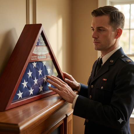 Military Flag Case With Shadow Box - for 5 X 9 flag, Flag and Medallion Case, Military Flag Case With Shadow Box - for 5 X 9 flag, The Military Gift Store, Triangle flag display