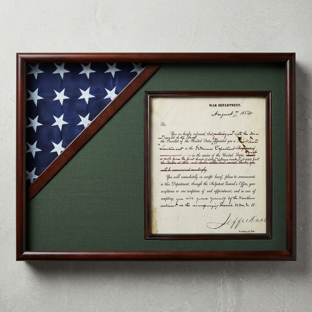 Shadow box for 3' x 5' flag with 8.5 x 11 Document holder, Cherry Finish, Shadow box for 3' x 5' flag with 8.5 x 11 Document holder, The Military Gift Store, Flag and Document Display Case