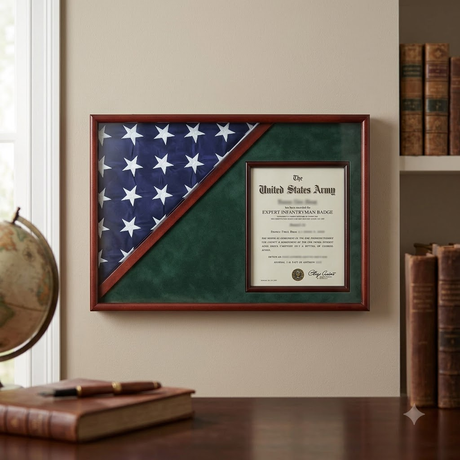Shadow box for 5' x 9.5' flag with 8.5 x 11 Document holder, Cherry Finish, Shadow box for 5' x 9.5' flag with 8.5 x 11 Document holder, The Military Gift Store, Flag and Document Display Case