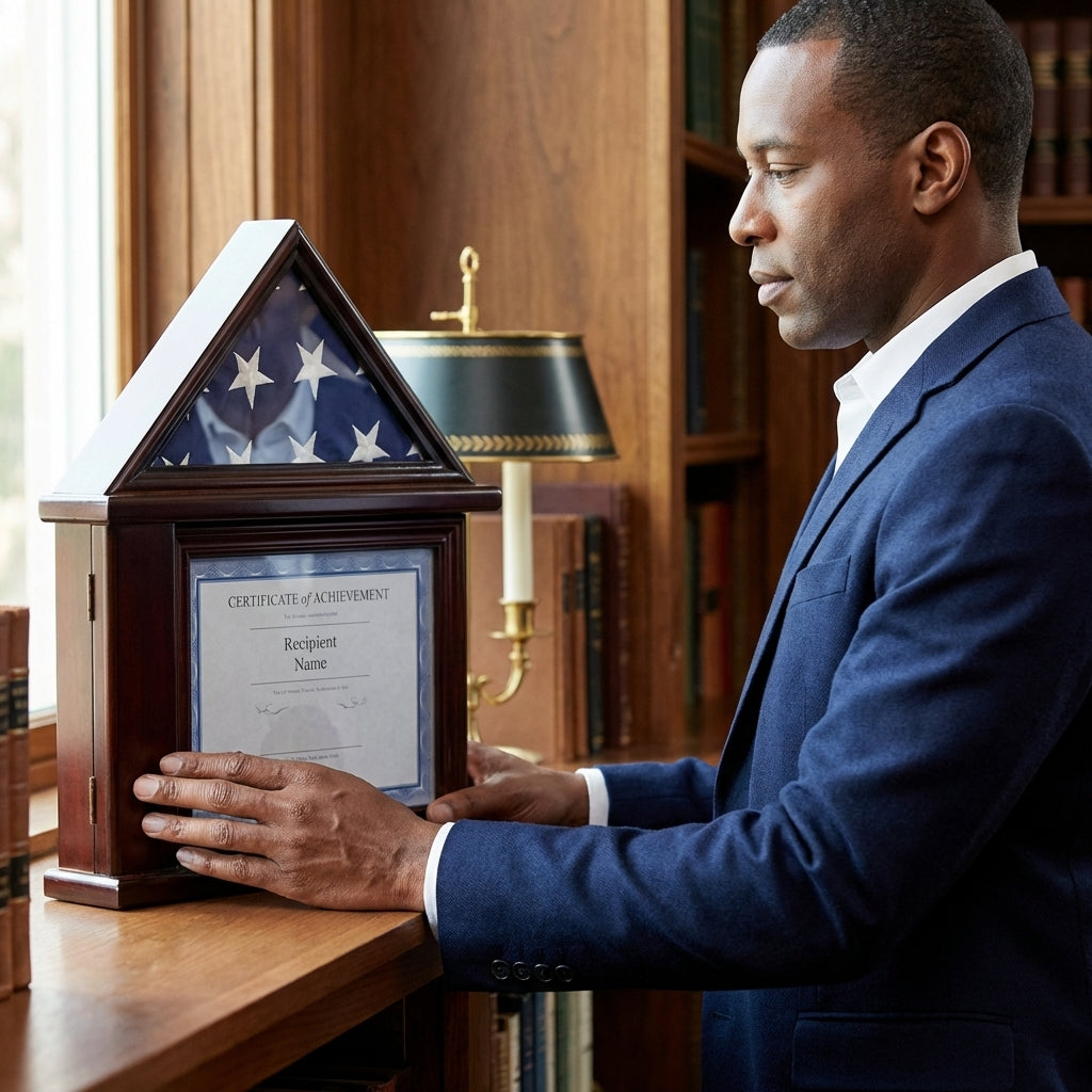 Presentation Flag Display Case 3' x 5', American Flag Display Case with Certificate Holder, Flag and Document Display Frame 3x5, Military Flag Display Case with Certificate, Burial Flag Display Case with Document Holder, 3x5 Flag and Certificate Frame, Folded Flag Display Case with Document, Veteran Flag Display Case Frame, walnut finish flag and certificate display case, glass front flag display frame with document holder, laser engraved flag display case with certificate, solid wood 3x5 flag and document 
