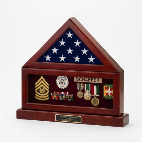Flag and pedestal display case 3x5, 3'x5' flag display case with pedestal, American flag display case with stand, Wooden flag display case with pedestal, Military flag case with pedestal base, glass front flag display case with pedestal, oak cherry wood flag display case with stand, engraved flag display case with pedestal, flag case with pedestal and nameplate, flag shadow box with pedestal stand