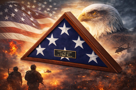 Large flag display case 3x5, 3' x 5' flag display case, large American flag case, wooden flag display case 3x5, military flag case 3x5, burial flag display case large, large flag case with glass front panel, solid wood large flag display case, large flag case with wall mount hardware, large flag case with medal display section, cherry finish large flag display case 3x5