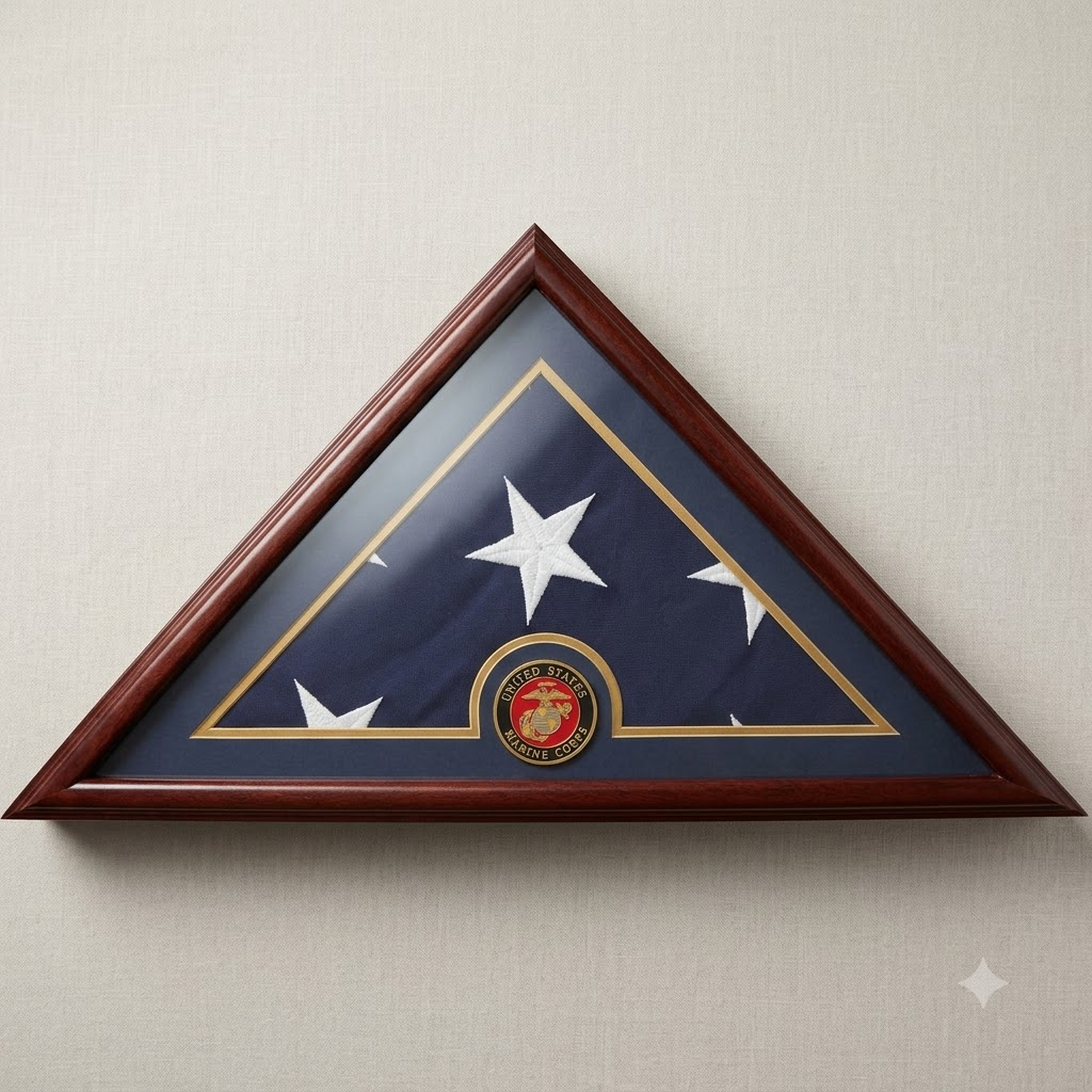 Marine Flag Display Case Box, 5x9 Burial - Funeral - Veteran Elegant Wood Display Case, Marine Flag Display Case Box, 5x9 Burial - Funeral - Veteran Elegant, The Military Gift Store, Triangle flag display