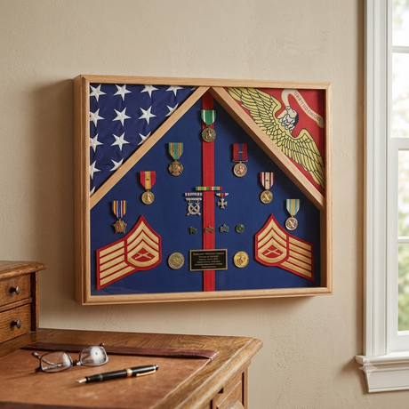 Marine Corps 2 Flag Shadow Box Display Case - 4' x 6' burial flags, , The Military Gift Store, 2 Flag Military Shadow Box