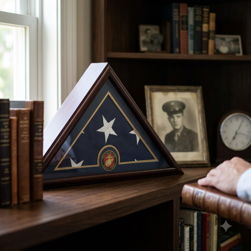 Marine Flag Display Case Box, 5x9 Burial - Funeral - Veteran Elegant Wood Display Case, Marine Flag Display Case Box, 5x9 Burial - Funeral - Veteran Elegant, The Military Gift Store, Triangle flag display