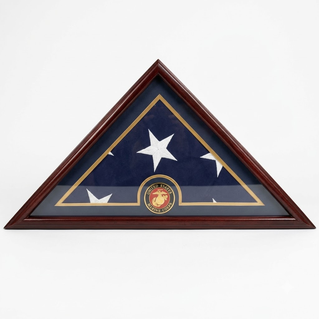 Marine Flag Display Case Box, 5x9 Burial - Funeral - Veteran Elegant Wood Display Case, Marine Flag Display Case Box, 5x9 Burial - Funeral - Veteran Elegant, The Military Gift Store, Triangle flag display