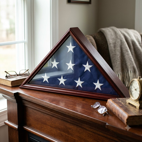 Flag Display Case Frame Stand, Veteran Memorial for 5' X 9.5' Flag - Cherry Finish, Flag Display Case Frame Stand, Veteran Memorial for 5' X 9.5' Flag, The Military Gift Store, Casket Flag display Cases