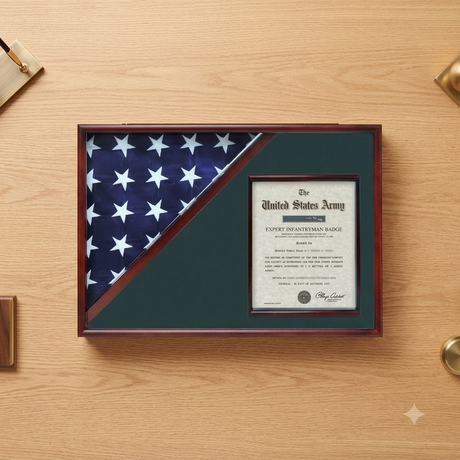 Shadow box for 5' x 9.5' flag with 8.5 x 11 Document holder, Cherry Finish, Shadow box for 5' x 9.5' flag with 8.5 x 11 Document holder, The Military Gift Store, Flag and Document Display Case