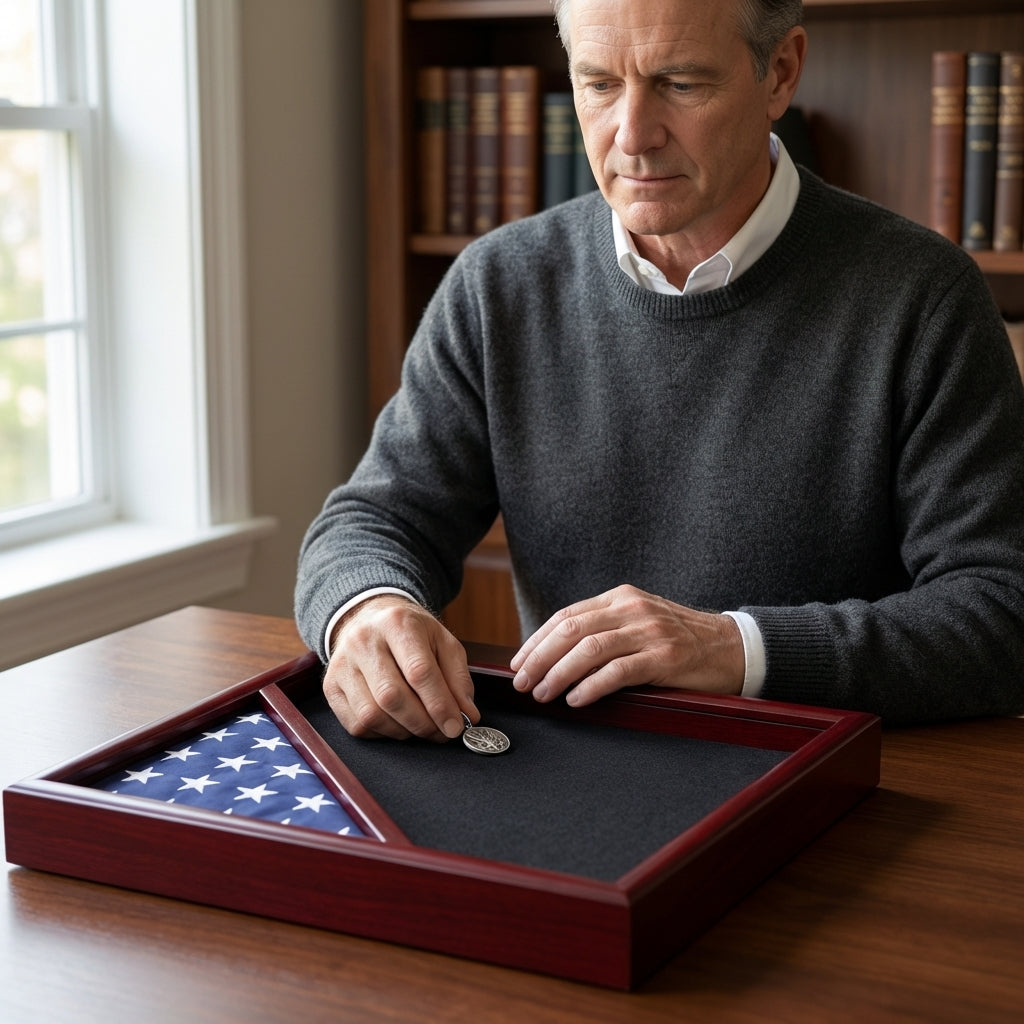 Cherry Shadow Box for 3x5 Flag, 3x5 Flag Shadow Box Cherry Finish, Cherry Wood Flag Shadow Box Display Case, Cherry Flag Shadow Box for Folded Flag, Military Flag Shadow Box Cherry Finish, Burial Flag Shadow Box Cherry Wood, cherry wood shadow box with glass front for flag, deep cherry shadow box for folded flag display, solid wood cherry flag shadow box case, wall mount cherry shadow box for 3x5 flag, durable cherry finish flag display shadow box
