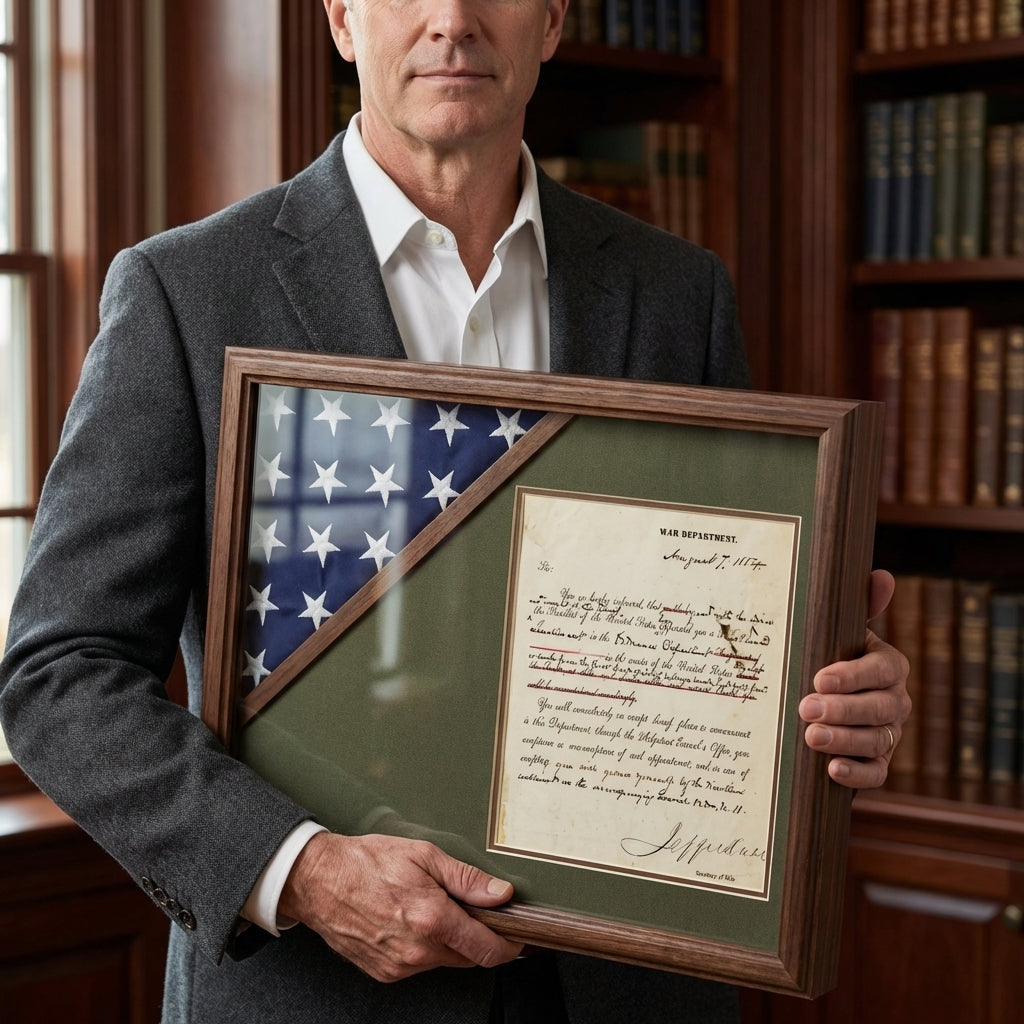 Shadow Box for 3ft x 5ft Flag with Document Holder, Flag Shadow Box with 8.5 x 11 Certificate Frame, 3ft x 5ft Flag Shadow Box Display Case, Flag and Document Shadow Box Frame, Military Flag Shadow Box with Certificate Holder, Burial Flag Shadow Box with Document Display, wood shadow box flag and document display case, glass front flag shadow box with document holder, solid wood shadow box with 8.5 x 11 frame, deep shadow box for folded flag and certificate, dual display shadow box for flag and document