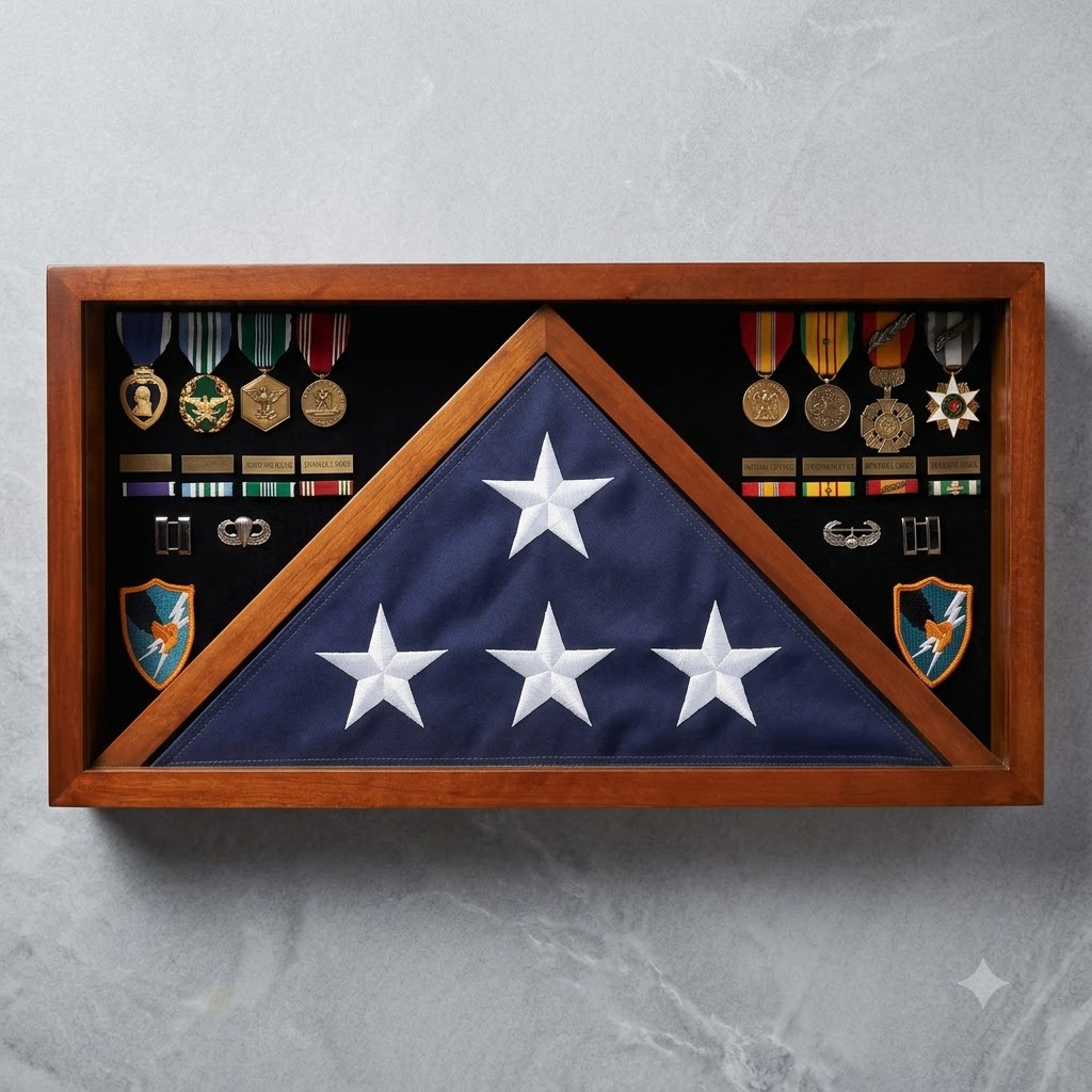 Rectangle Combo Flag Case for 5' x 9' Veterans Burial Flag and Medals Cherry, Rectangle Combo Flag Case for 5' x 9' Veterans Burial Flag, The Military Gift Store, American Flag Frames (43)