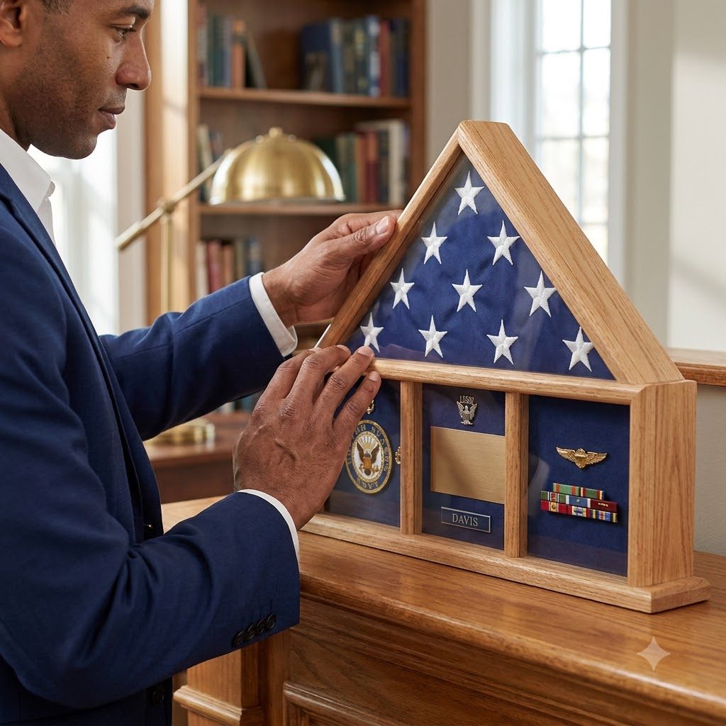 Oak 3 x 5 flag memorial case, Walnut Case, , The Military Gift Store, Three way Flag Frames