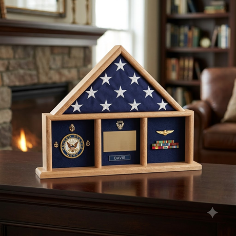 Oak 3 x 5 flag memorial case, Walnut Case, , The Military Gift Store, Three way Flag Frames