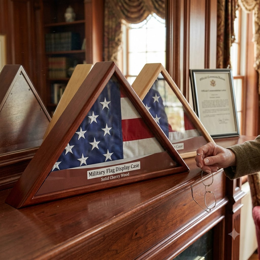 Military Flag Case With Shadow Box - for 5 X 9 flag, Flag and Medallion Case, Military Flag Case With Shadow Box - for 5 X 9 flag, The Military Gift Store, Triangle flag display