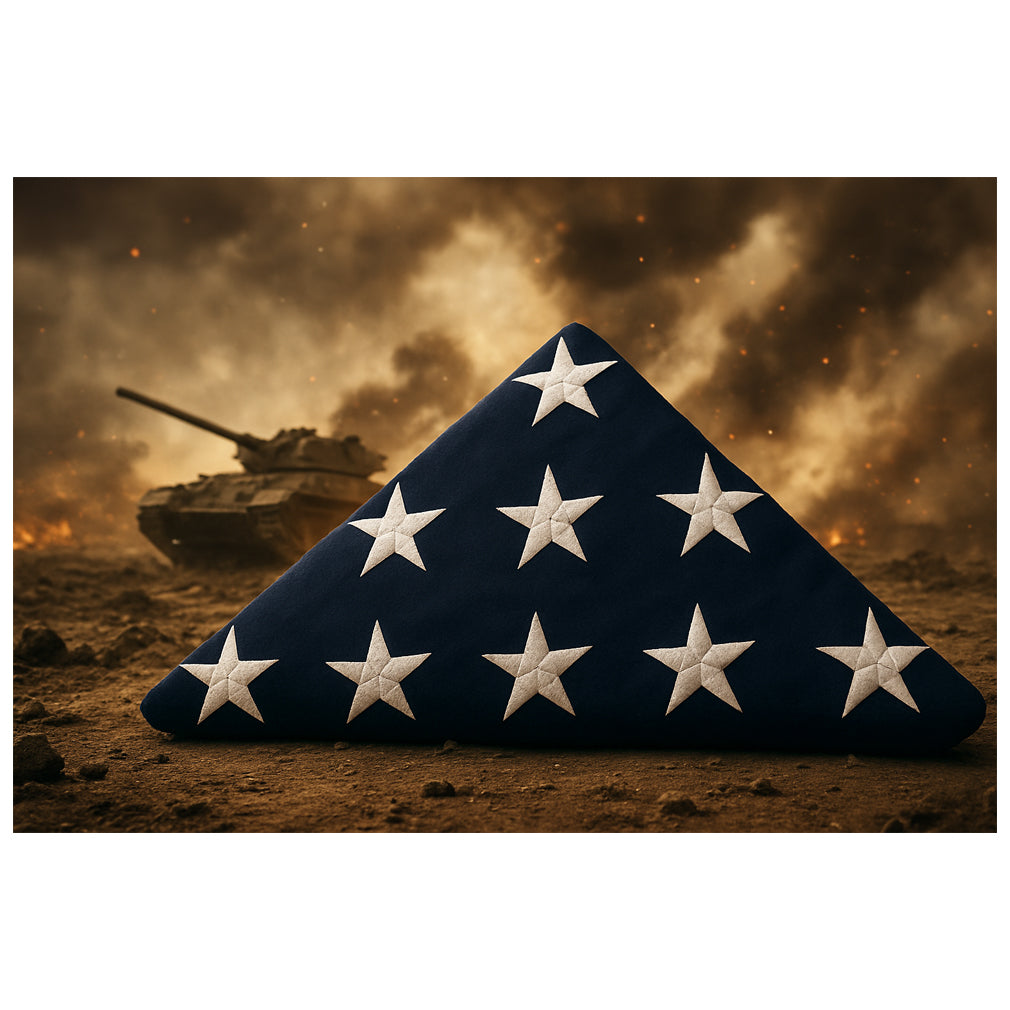 Pre-folded US burial flag, Premium American funeral flag, Veteran memorial folded flag, Authentic 5x9.5 burial flag USA-made, Pre-folded casket flag for veterans, Military funeral tribute flag, High-quality cotton burial flag, Embroidered stars US folded flag, Patriotic pre-folded memorial flag, Ready-to-display American burial flag