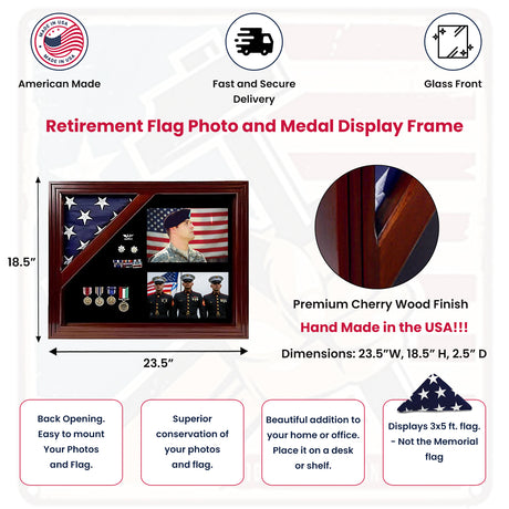 Retirement Flag Photo and Medal Display Frame, Military Retirement Flag Display Case, Flag Medal and Photo Display Case for Veterans, American Flag and Medal Display Case, Veteran Retirement Gift Display Frame, Flag Display Case with Photo and Medals, Military Service Medal and Photo Display Case, Personalized Retirement Flag Display Frame