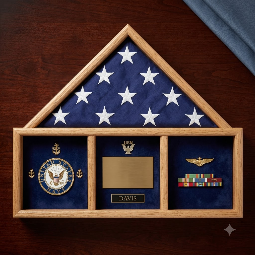 Oak 3 x 5 flag memorial case, Walnut Case, , The Military Gift Store, Three way Flag Frames