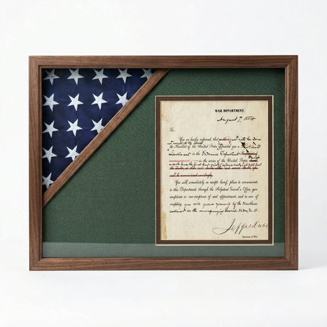 Shadow Box for 3ft x 5ft Flag with Document Holder, Flag Shadow Box with 8.5 x 11 Certificate Frame, 3ft x 5ft Flag Shadow Box Display Case, Flag and Document Shadow Box Frame, Military Flag Shadow Box with Certificate Holder, Burial Flag Shadow Box with Document Display, wood shadow box flag and document display case, glass front flag shadow box with document holder, solid wood shadow box with 8.5 x 11 frame, deep shadow box for folded flag and certificate, dual display shadow box for flag and document